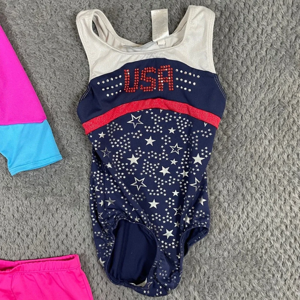Freestyle by Danskin Girls Gymnastics Leotard Lot USA Stars Pink Blue Size 6/6X